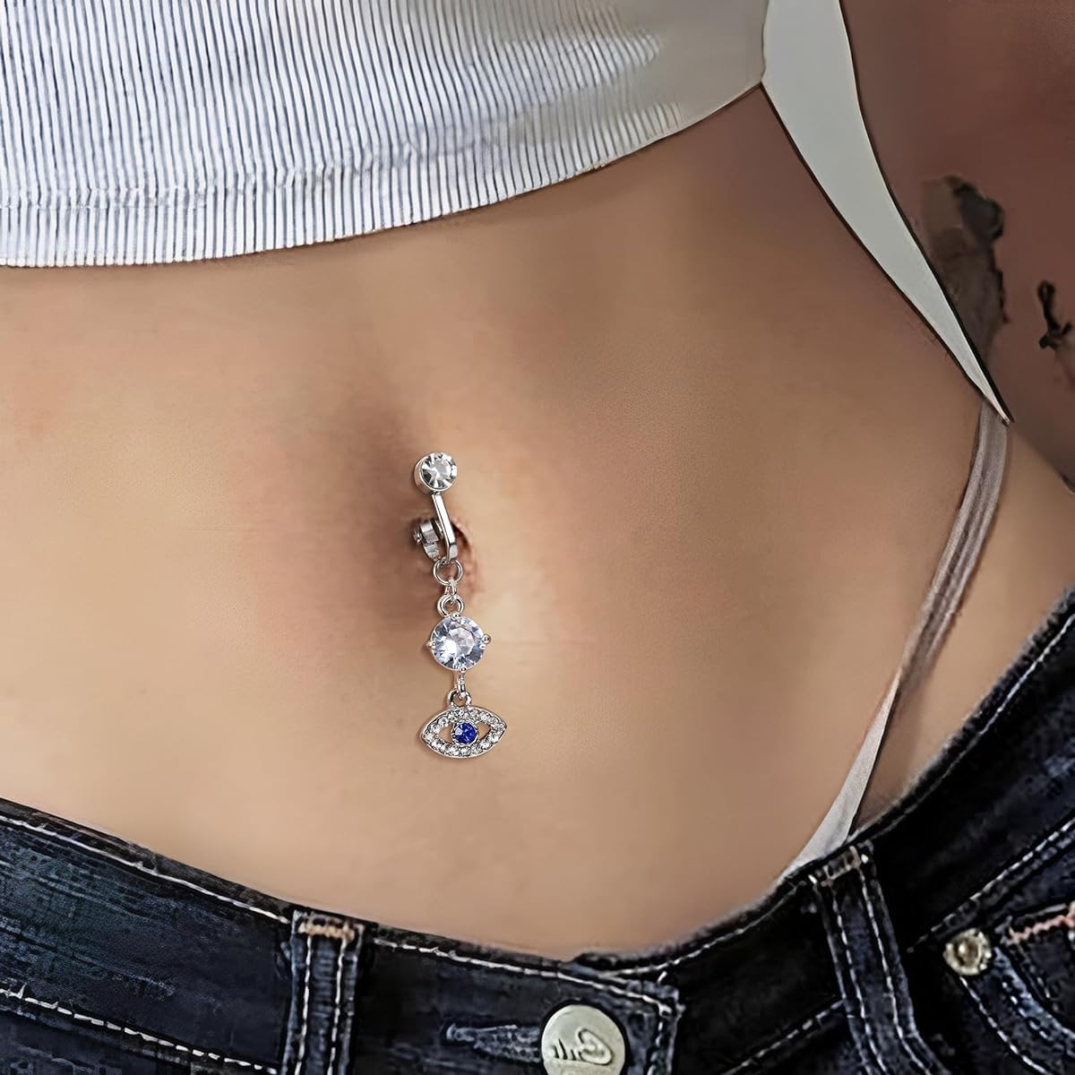 MAYCREATE Fake Belly Piercing Jewelry Evil Eye Belly Button Rings 316L Stainless Steel Non-Piercing Rhinestone Belly Rings Navel Rings for Women Girls