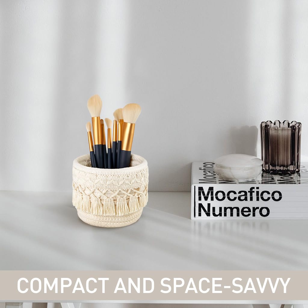 MAYCREATE Macrame Makeup Brush Holder for Desk Organization with 10cm cotton rope | Boho tassel ivory decor