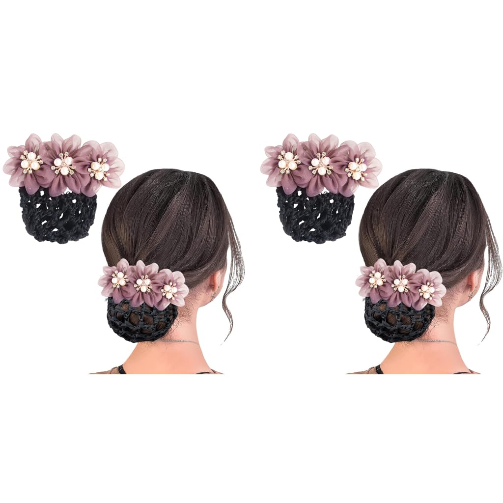 MAYCREATE Hair Bun Accessories for Women with Alloy Spring Clip and Floral Mesh Net 2 PCS