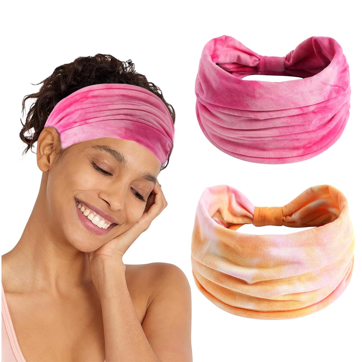MAYCREATE Head Bands for Women with Stretchy Pre-Tied Fit and Quick-Dry Polyester | 2Pcs Pink & Orange Tie Dye