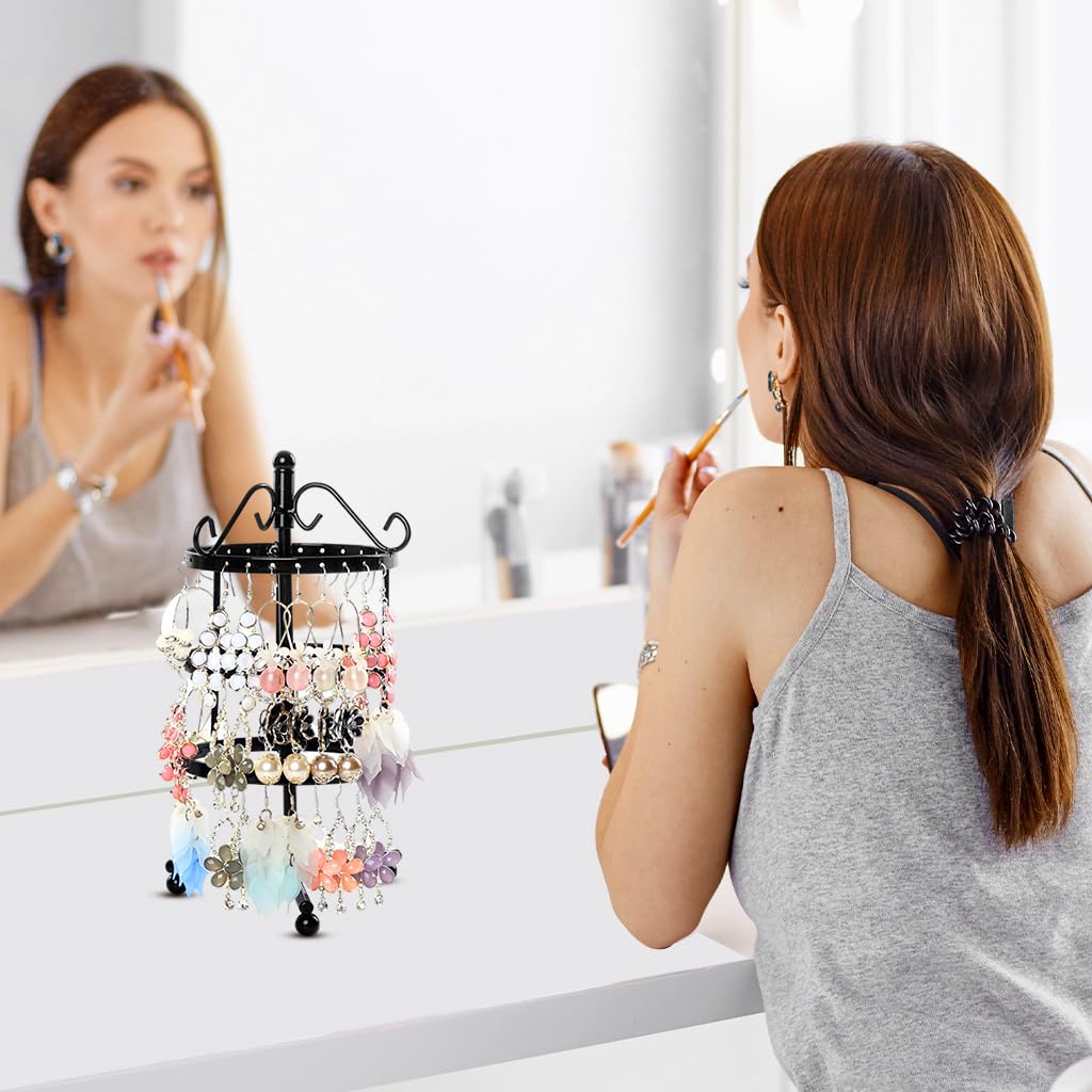 MAYCREATE Hoop Earrings Organizer for Women, 3 Tier Rotating Earring Organizer Box Storage Rack, Iron Art Earrings Holder for Over 50 Pairs, Display Stand for Dangle, Hoops Earings (Black)