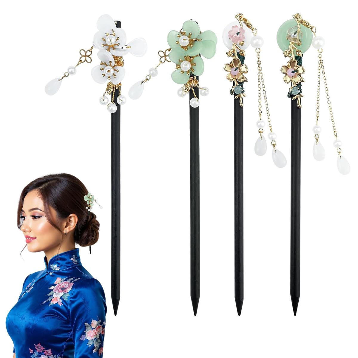 MAYCREATE Hair Stick for Bun with 7 in Wooden Design featuring Floral Charm | Set of 4