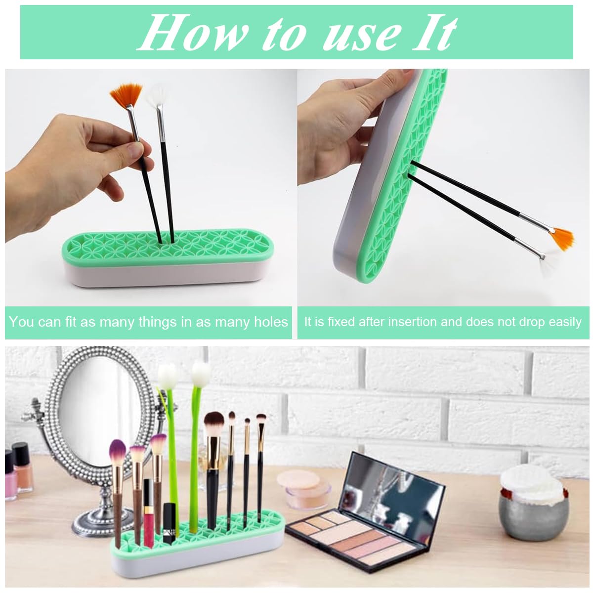 MAYCREATE Silicone Makeup Brush Holder Organizer Multi Slots Desktop Makeup Brushes Storage Stand Make Up Brush Drying Holder for Dressing Table - Green, Space Saving