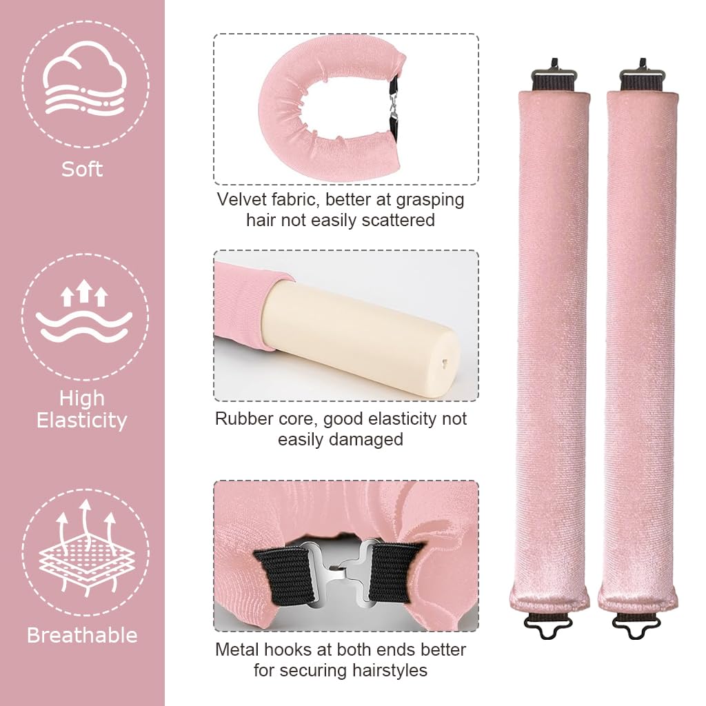 MAYCREATE Heatless Hair Curlers Set for Overnight Styling with Dual Hook & Satin Headscarf | 3pcs Pink Curling Rods for Women