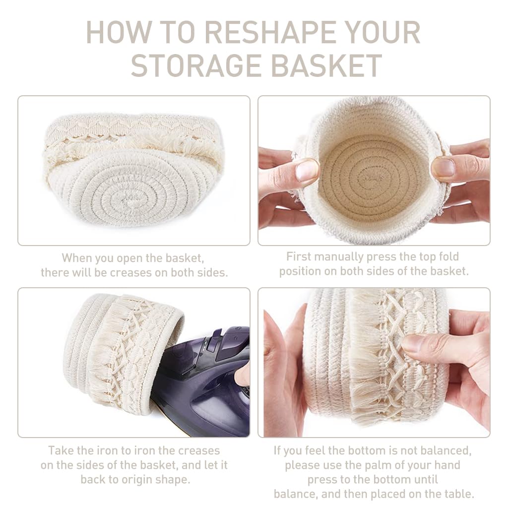 MAYCREATE Macrame Makeup Brush Holder Organizer Boho Desk Mini Storage Basket Table Cotton Rope Tassels Pen Holder for School Office Stationeries Storage Container - Ivory