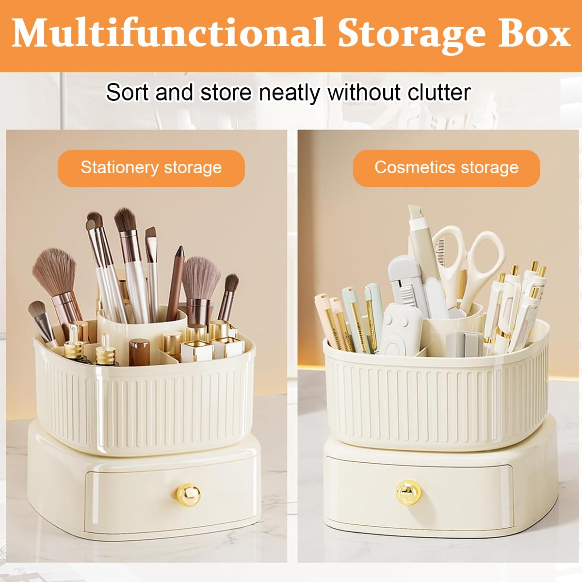 MAYCREATE Makeup Organizer Box for Vanity with 360° Rotating Holder and Drawer | Ivory ABS Storage