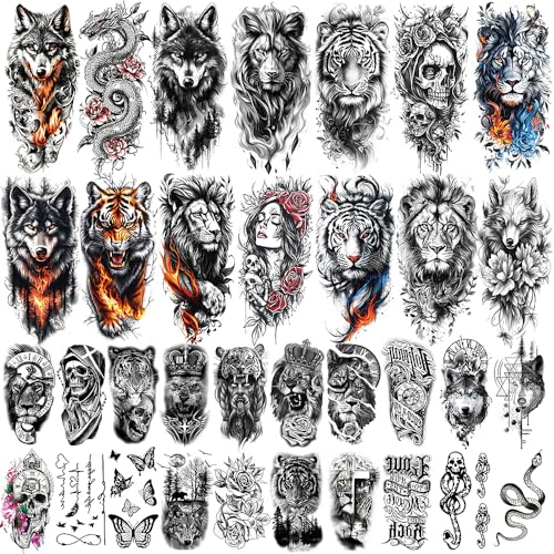 MAYCREATE® 34 Sheets Temporary Tattoo Sticker For Men Black Tattoo Stickers Beast on Arm Waterproof Large Tattoos Sticker Set