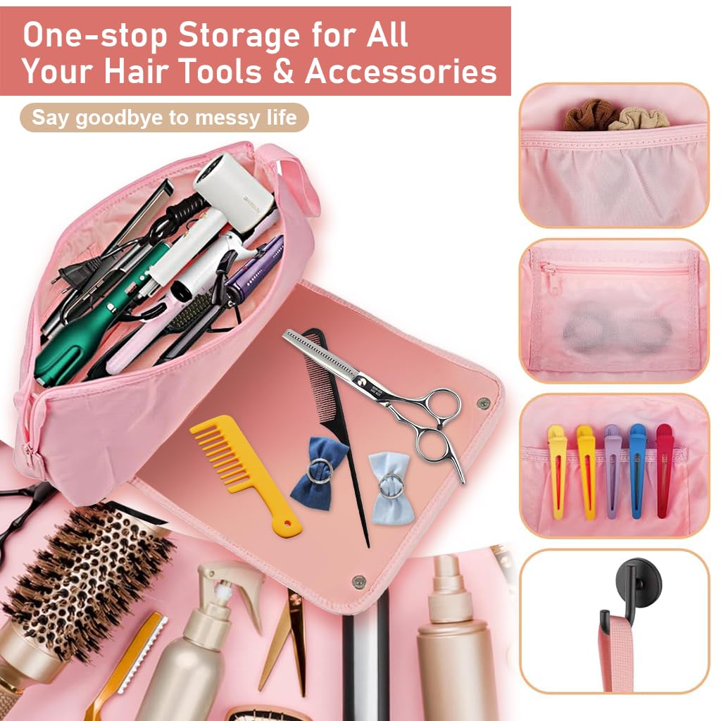 MAYCREATE Hair Tools Travel Bag for Flat Irons and Curling Irons with Silicone Pad 46x12x15cm Pink