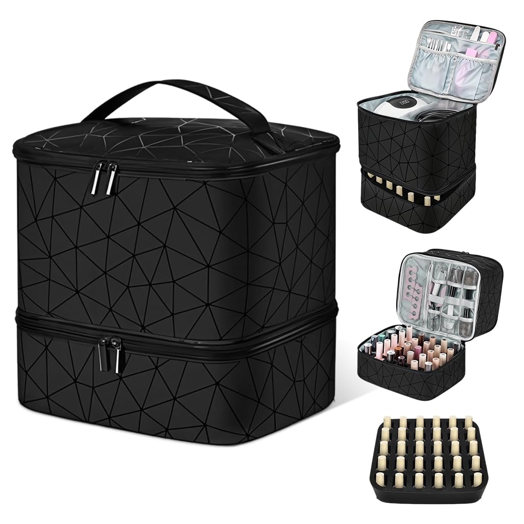MAYCREATE Travel Nail Polish Organizer Bag for 30 Bottles with Double Layer PU Design | Portable Cosmetic Storage for Travel