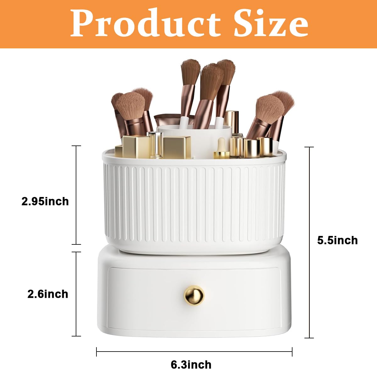 MAYCREATE Makeup Organizer Box Stand, 360° Rotating Makeup Brush Holder with Drawer, Ivory Cosmetics Display Case Skincare Storage for Vanity Desktop, Bathroom