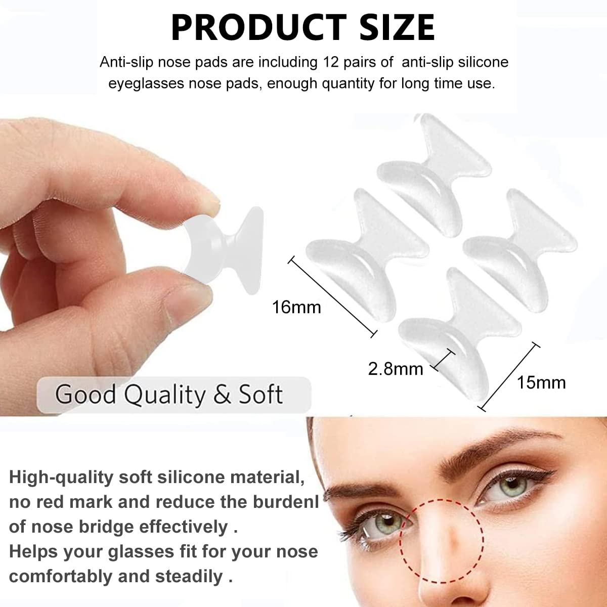 MAYCREATE 12 Pairs Eyeglass Nose Pads, Anti-Slip Silicone Glasses Nose Support Pads Replacement, Anti-Slip Air Chamber Nose Pads for Full Plastic Frames, White