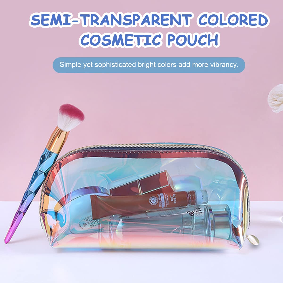 MAYCREATE Cosmetic Bag Zipper Makeup Pouch TPU, Semi-Transparent Holographic Travel Toiletry Bag Makeup Organizer Bag Cosmetic Storage Bag, Multi-Use Pencil Pouch for Girls