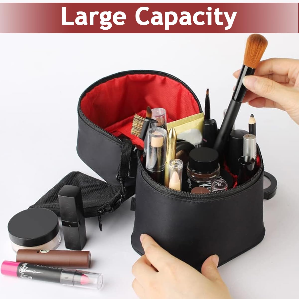 MAYCREATE Small Makeup Bag for Travel featuring Standup Dual Zipper Design and Waterproof Nylon | Black Portable Vanity Pouch for Women