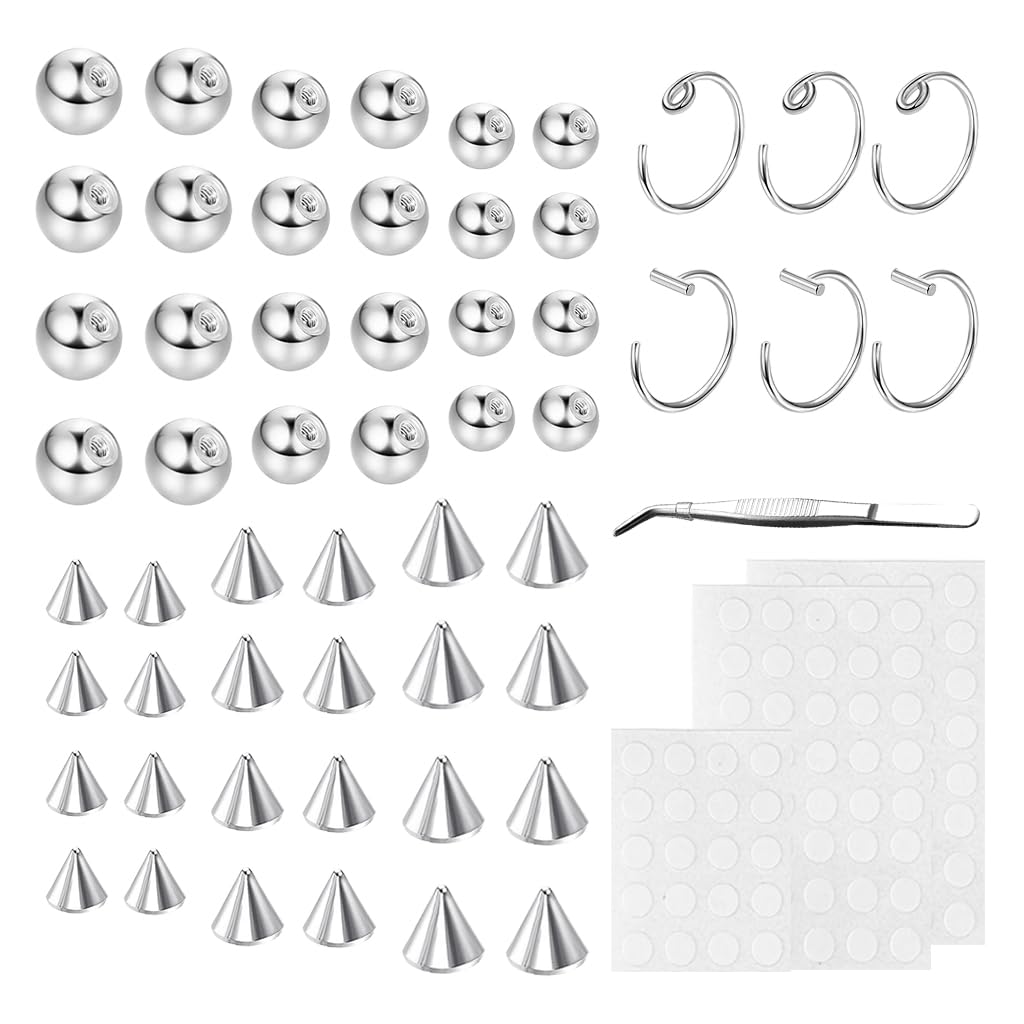 MAYCREATE 155Pcs Fake Labrets Stainless Steel Eyebrow Piercing Fake Studs Ring Set Non- piercing Lip Labret Studs Multi Sizes Fashion Fake Surface Piercings Studs Set with Adhesive Tabs and Tweezer