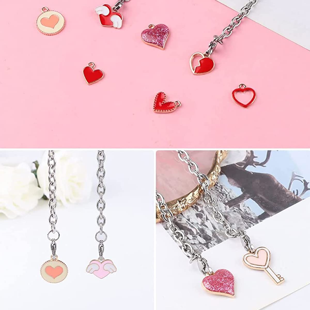 MAYCREATE Enamel Heart Shaped Pendants Set for DIY Jewelry Making featuring 50pcs Alloy Charms | Multi Color Accessories with Hanging Hole Design