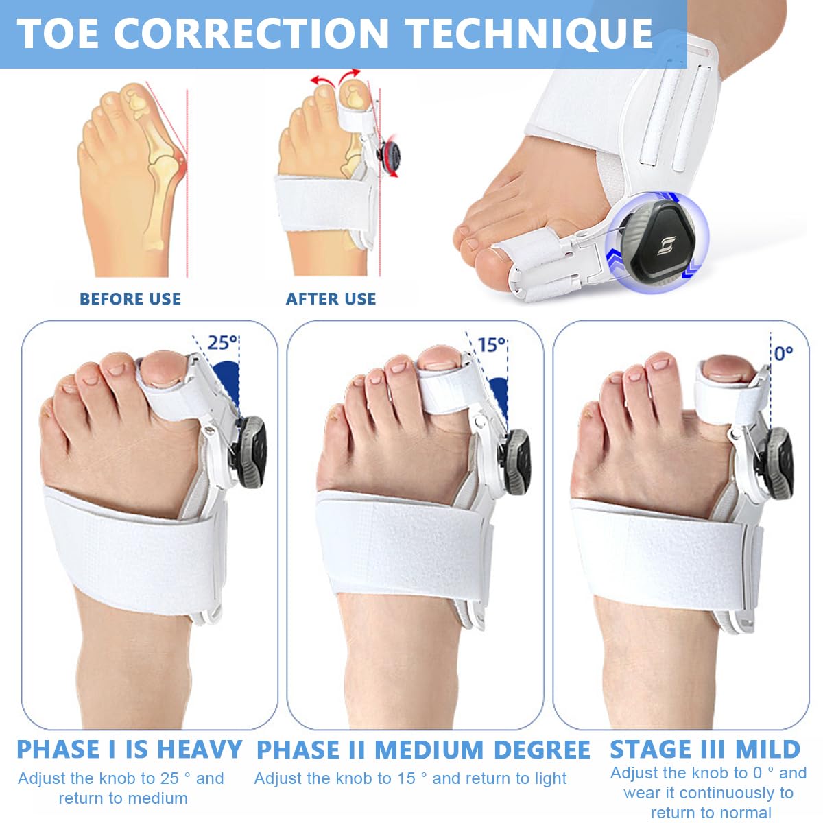 MAYCREATE Bunion Thumb Corrector for Left and Right Foot with Adjustable Rotating Knob | Toe Separator for Men and Women