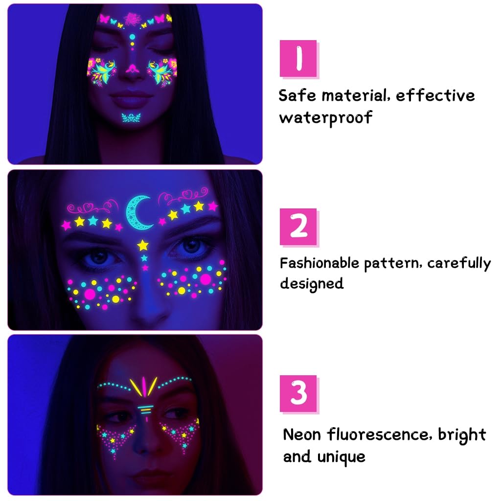 MAYCREATE 8-Sheet UV Neon Face Tattoo Sticker Temporary Tattoos, Glow in the Dark Face Tattoos, Butterfly Mermaid Fluorescence Fake Tattoo Stickers for Halloween Rave Festival Party Supplies