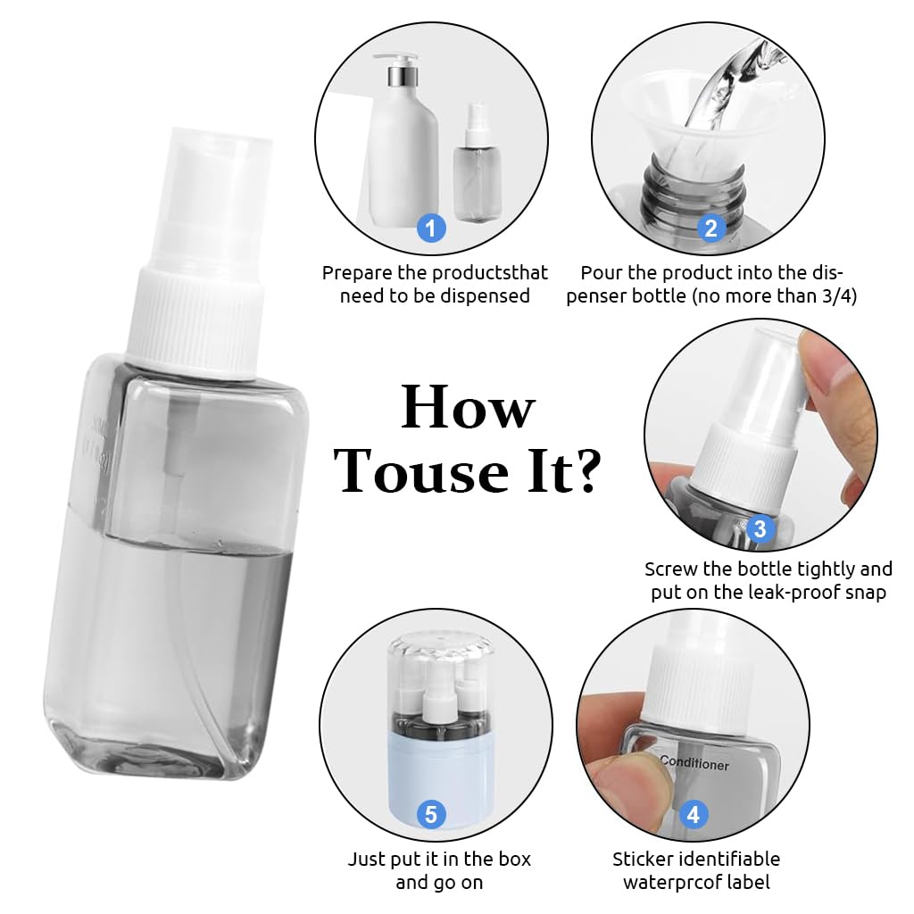 MAYCREATE 4 in 1 Travel Bottles for Toiletries, 50ml Spray Bottle & Lotion Bottle Kit, Portable Travel Toiletry Bottles with Case, Leak-Proof Refillable Small Bottles for Travel for Shampoo Liquid