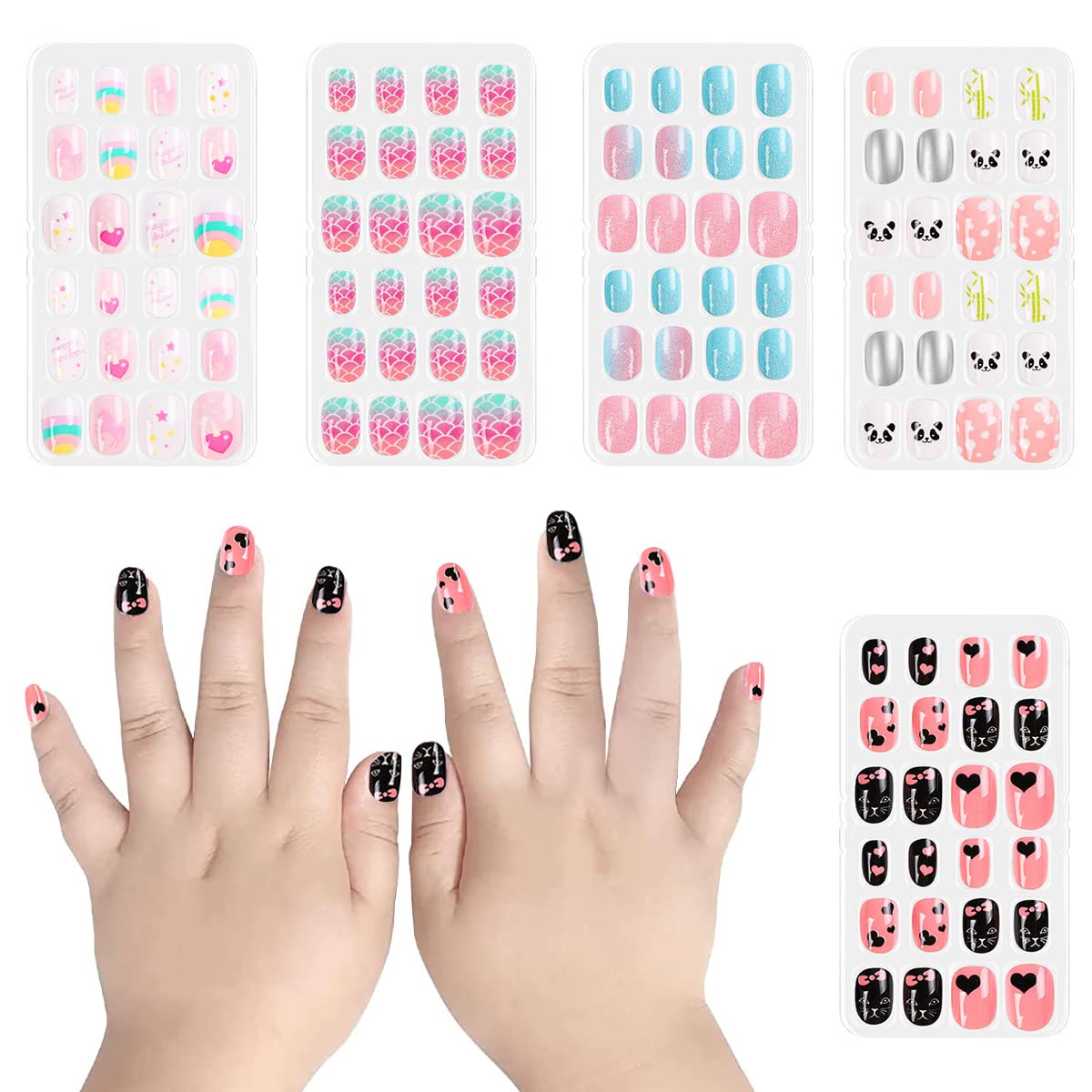 MAYCREATE 120pcs Nail Art Kit for Kids, Children Fake Nails Artificial Nail Tips Girls Full Cover Short False Fingernails for Kids Little Girls Nail Art Decoration, Set of 5