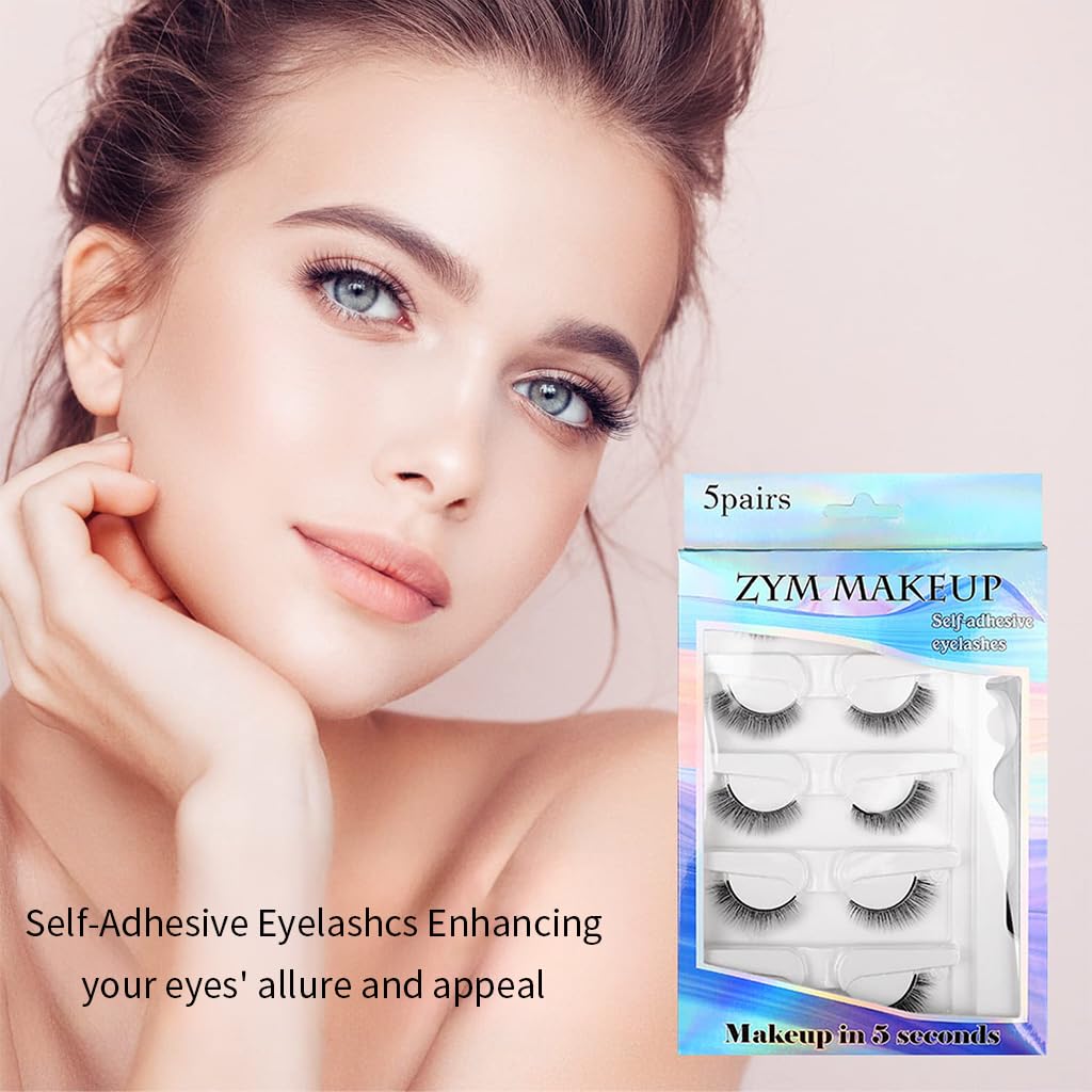 MAYCREATE 5 Pairs Self Adhesive Eyelashes, Reusable Adhesive Eyelashes, No Glue Eyelashes, Waterproof False Lashes Natural with Eyelash Tweezer for Women Makeup Gift Purple