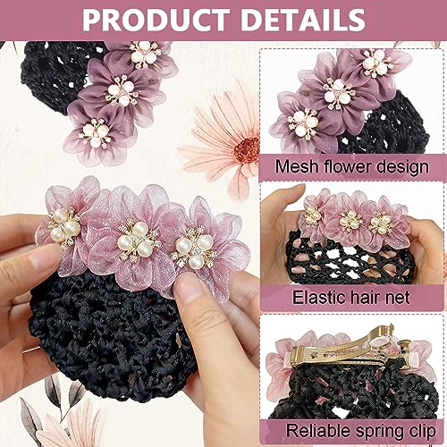 MAYCREATE® 2pcs Hair Bun Accessories for Women, Flower Hair Snood Net, Stylish Pearl Mesh Bun Maker for Hair, Hair Bun Cover Hairnet for Daily, Work, Dancer