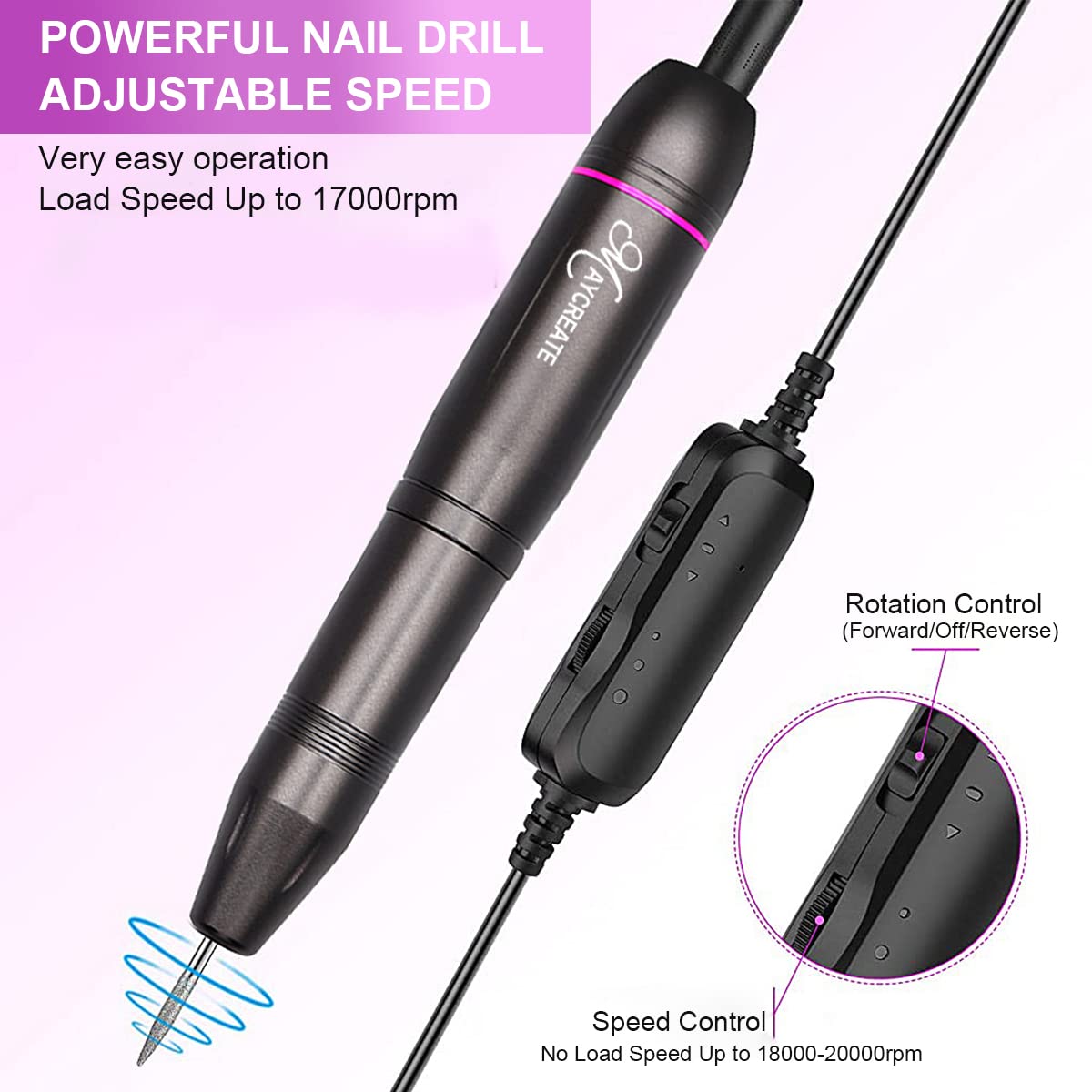 MAYCREATE Nail Drill Machine for Manicure and Pedicure with 20000rpm Speed and 25pcs Bits | Portable Electric Filer for Acrylic Gels and Callus Removal