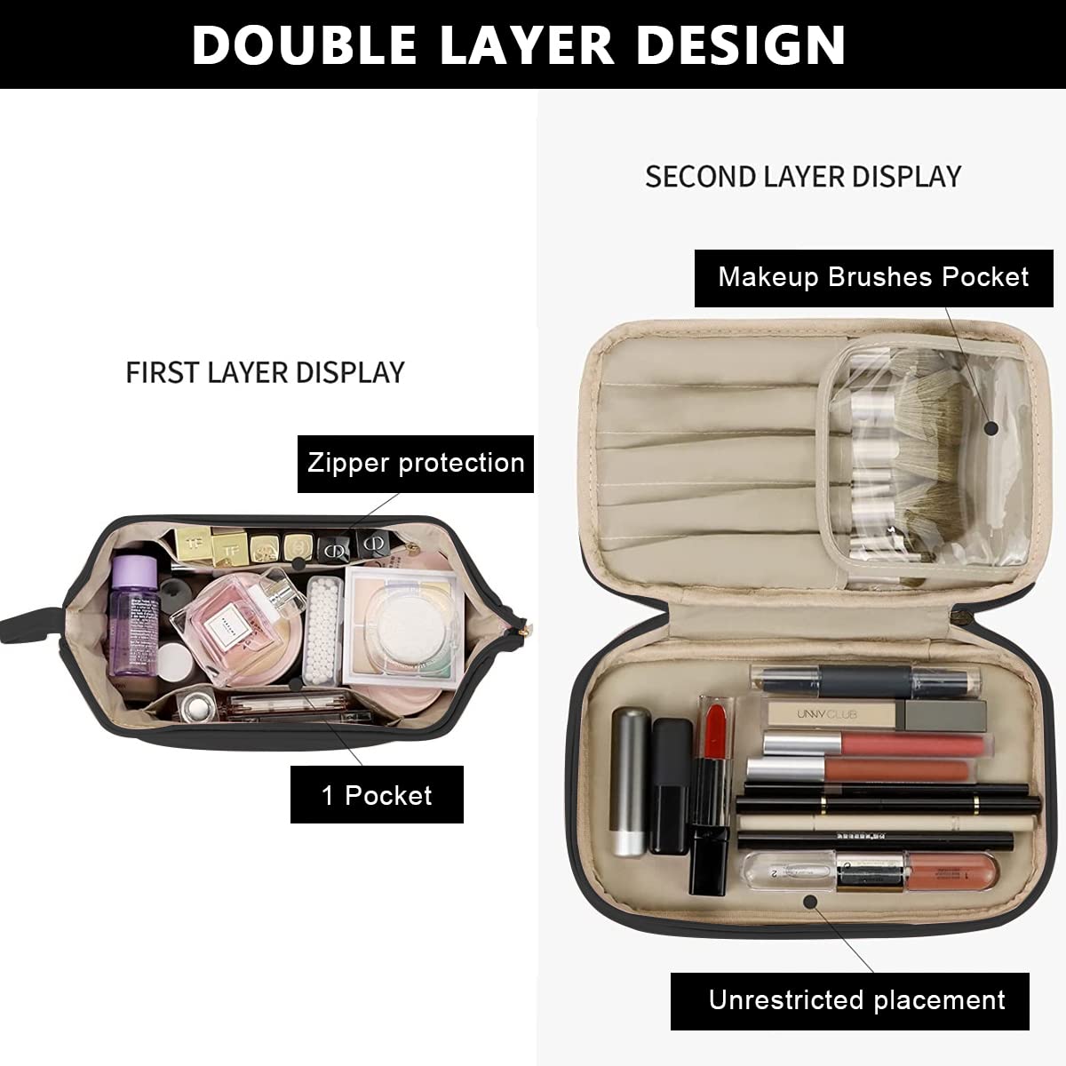 MAYCREATE Cosmetic Bag for Travel with Double Layer Brush Holders and 25×15×16 cm PU Leather Design | Black Makeup Organizer