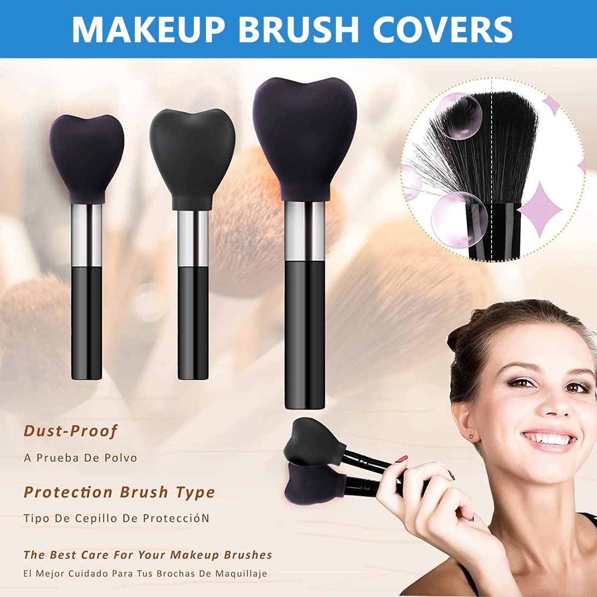 MAYCREATE Makeup Brush Cover Set 3 Sizes for Travel Use with Heart Shaped Silicone Design