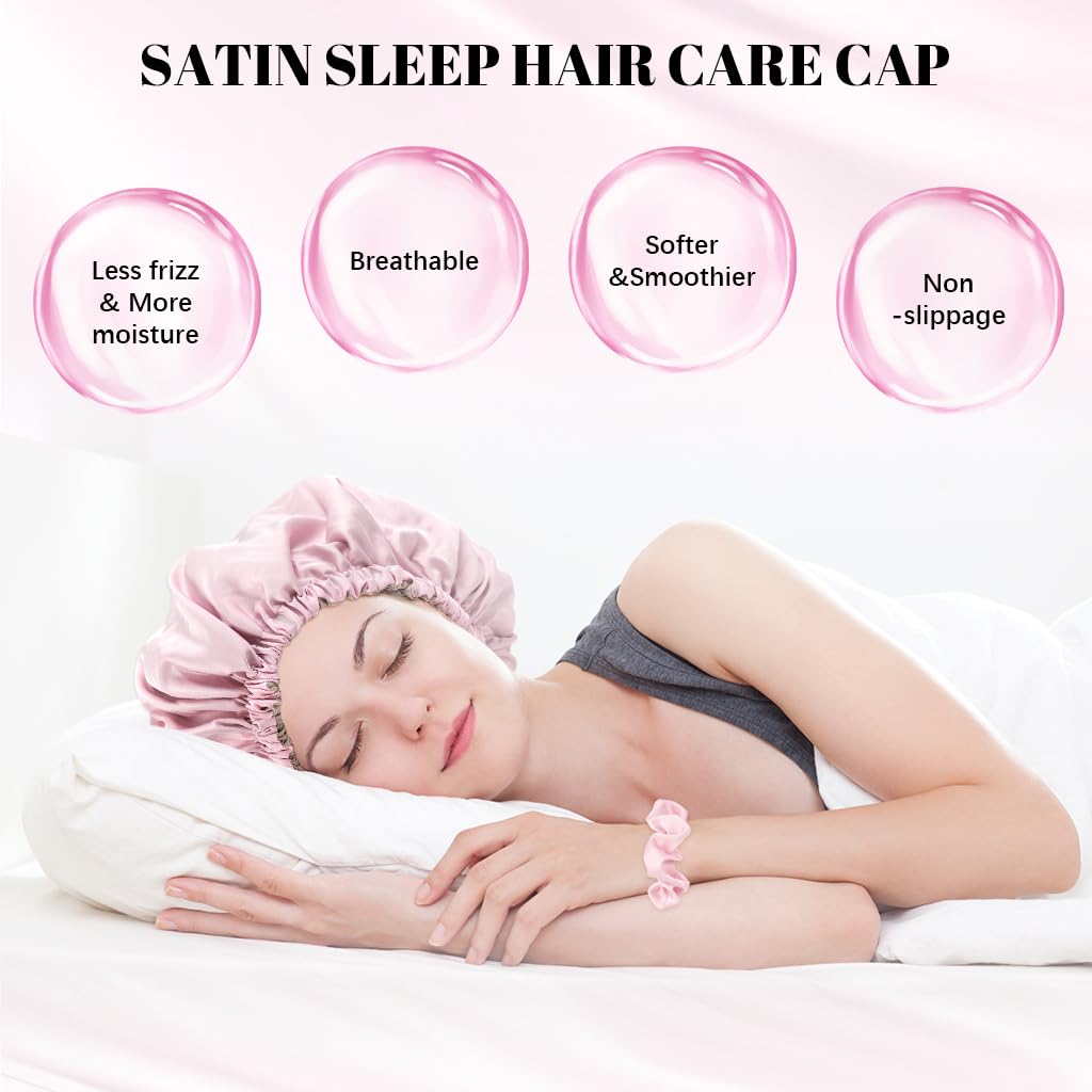 MAYCREATE Silk Bonnet for Sleeping with Adjustable Stretch Headband and 1 Scrunchie | Double‑Sided Satin Cap for Women Hair Protection