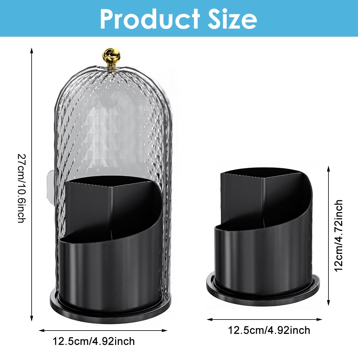 MAYCREATE Makeup Brush Holder for Vanity and Bathroom with 360 Rotating Base | 12.3×27 cm Clear Black Organizer