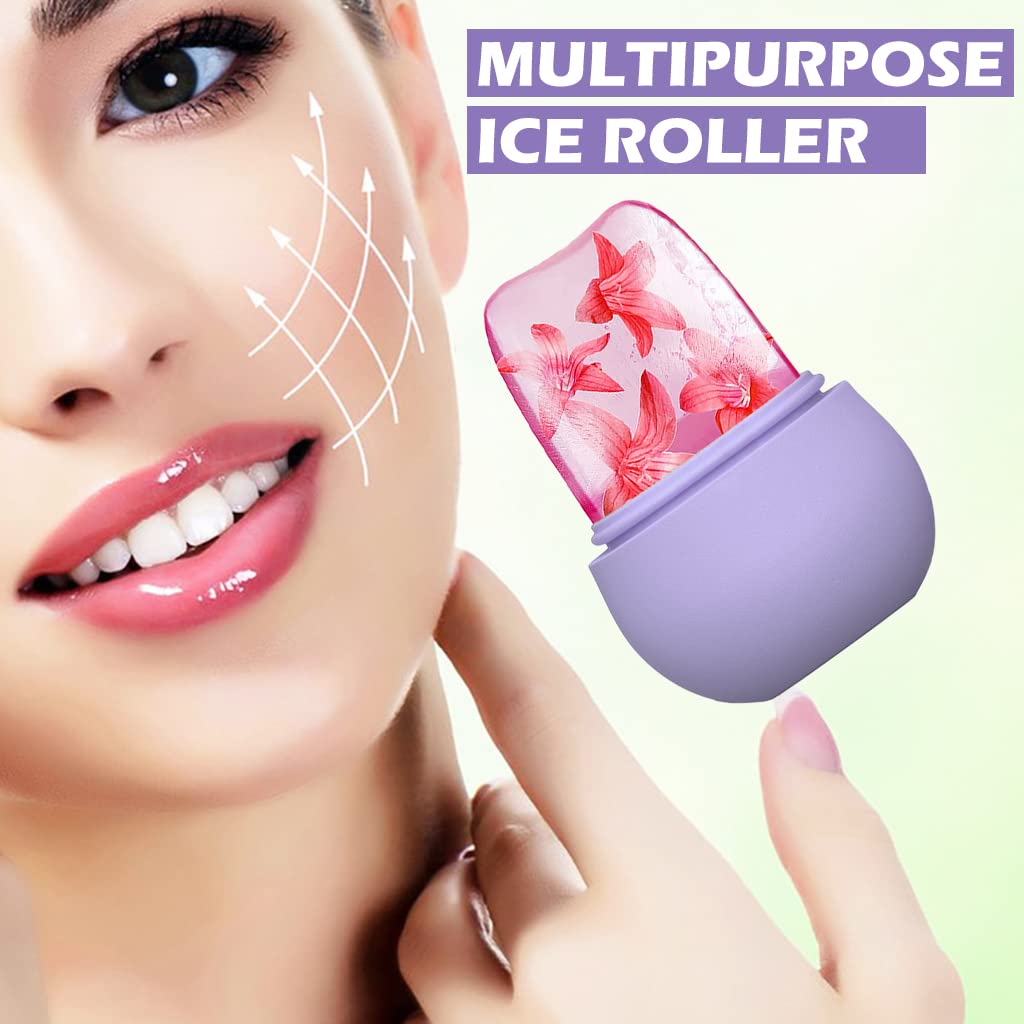 MAYCREATE Ice Roller for Face Massage & Eye, Anti-Leak Silicone Ice Face Roller Ice Mould With Cleansing Brush, Women Skin Care Ice Facial Roller for Eliminate Edema & Calm Skin, Shrink Pore (Purple)