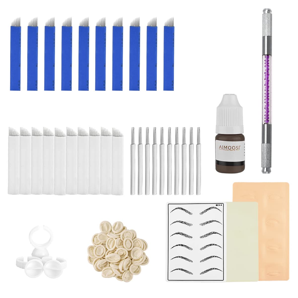 MAYCREATE Microblading Kit for Eyebrow Tattoo Practice with 30 Needles and Lock Pin Pen | Includes Black Ink and Silicone Practice Skin