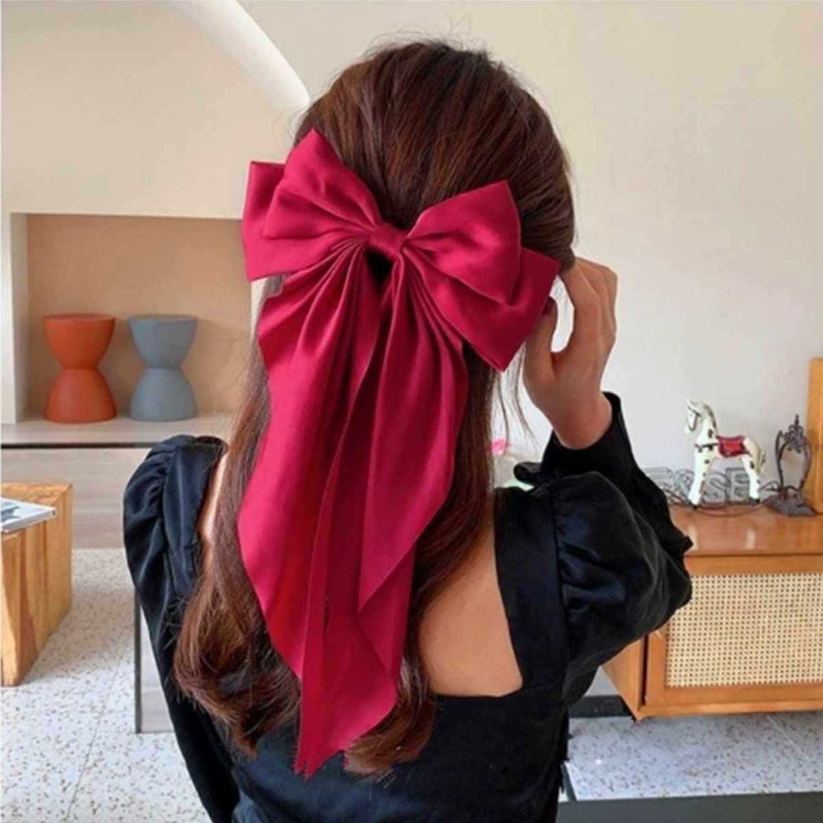 MAYCREATE Large Satin Hair Bows for Women Girls Silk-Like Stylish French Bow Hair Clip Bowknot Hair Barrettes Big Ribbon Bow with Long Tail (Red)
