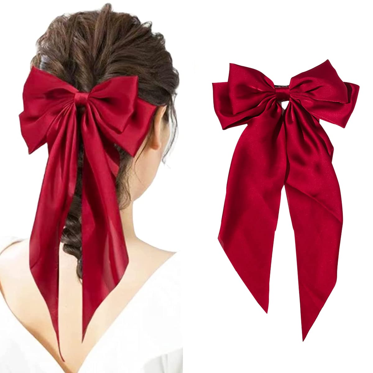 MAYCREATE Large Satin Hair Bows for Women Girls Silk-Like Stylish French Bow Hair Clip Bowknot Hair Barrettes Big Ribbon Bow with Long Tail (Red)