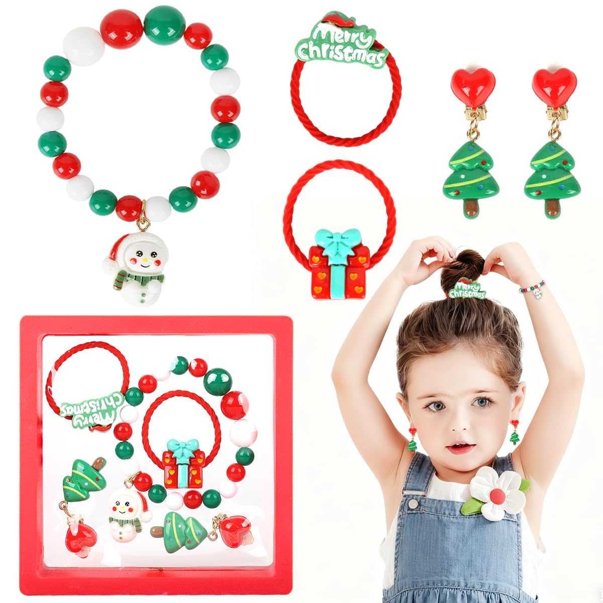 MAYCREATE Christmas Jewelry Hair Accessories Kit for Kids with Bracelet and Earrings | Gift Box Set for Holiday Dress Up