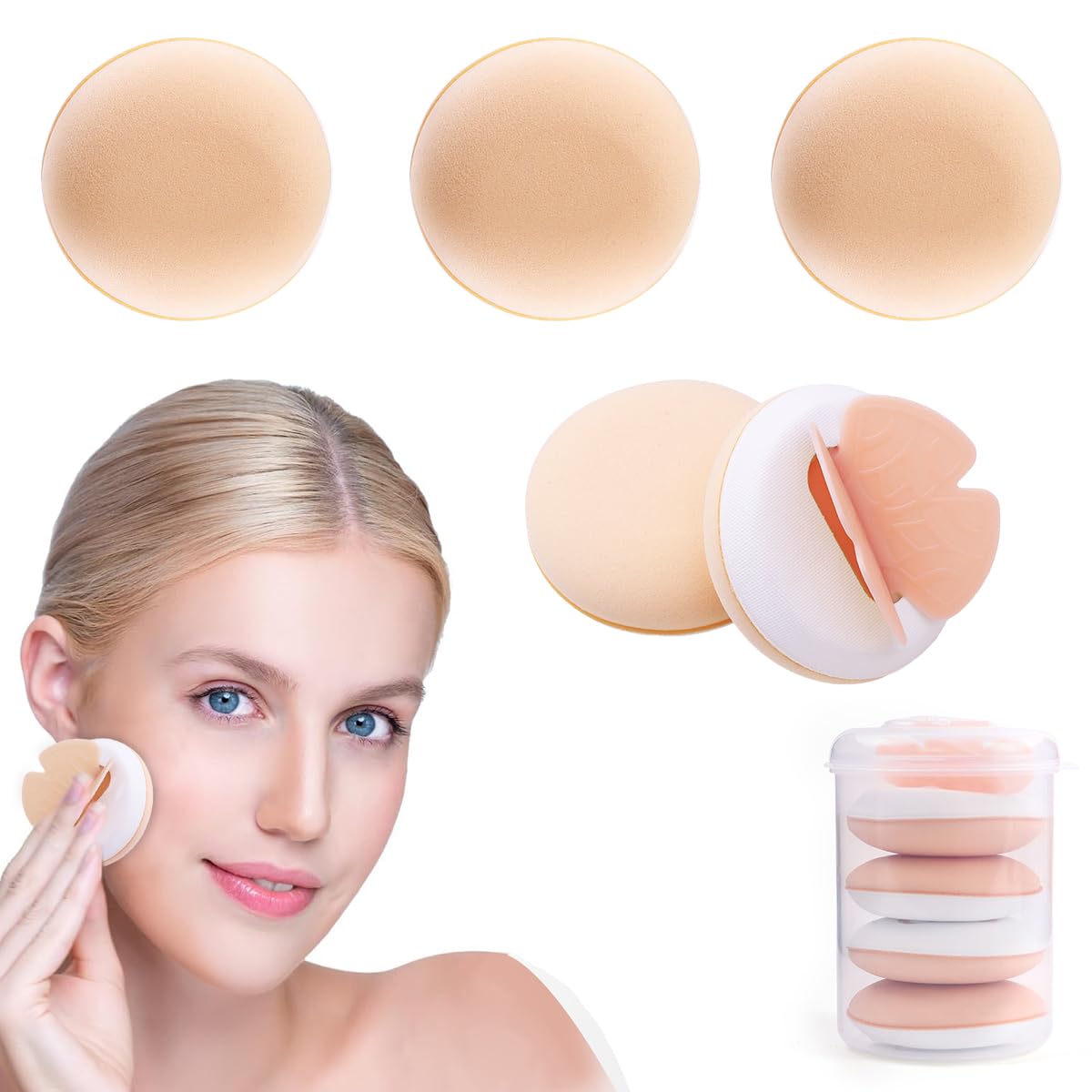 MAYCREATE 4Pcs Powder Puff with Box, Makeup Sponge Puff, Round Makeup Puff Foundation Blender Sponge, Dry & Wet Use Butterfly Wing Beauty Loose Powder Puff
