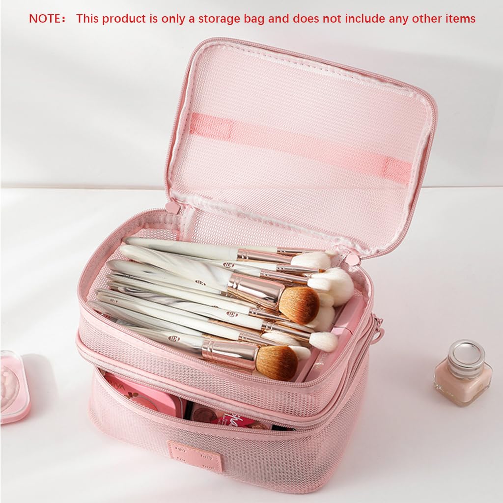 MAYCREATE Makeup Pouch Bag for Travel with Double Layer Organizer Design and Pink Nylon Mesh