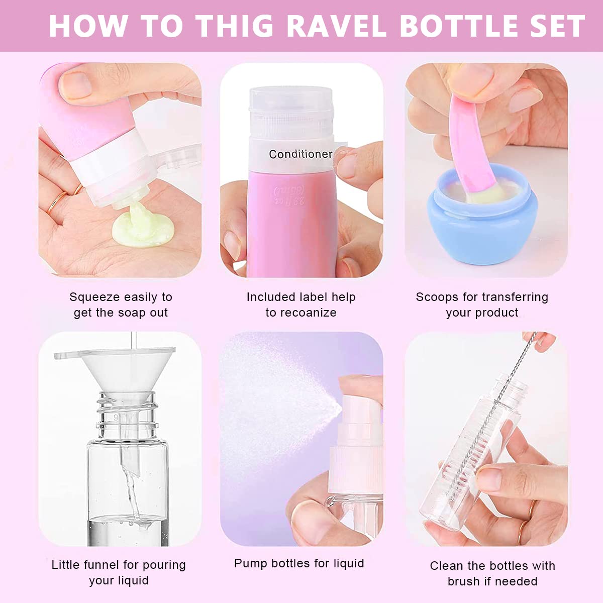 MAYCREATE Travel Bottles for Toiletries Set of 14pcs, Silicone Travel Toiletry Bottles, Upgraded Leak Proof Squeezable Container Spray Bottle for Shampoo, Gel, Cream, Lotion Dispenser with Tools Set