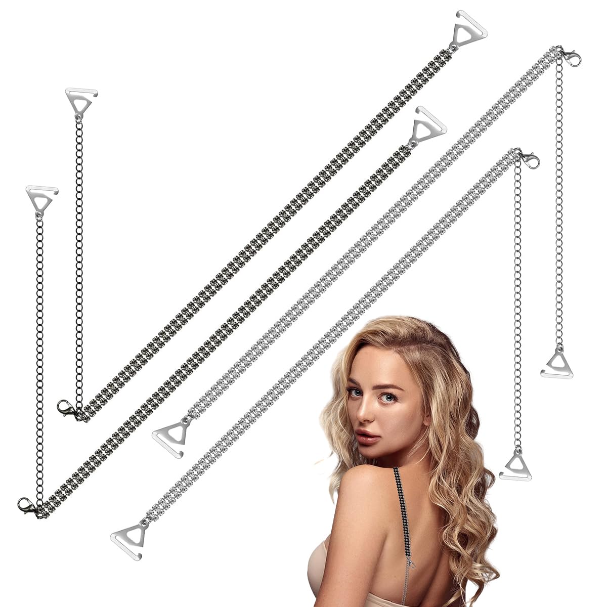 MAYCREATE 2 Pairs Metal Bra Straps for Women, Invisible Shining Rhinestone Bra Strap for Dress, Fashion Non-Skid Adjustable Shoulder Strap for Evening Dress, Bra Tops Dress Black and Silver