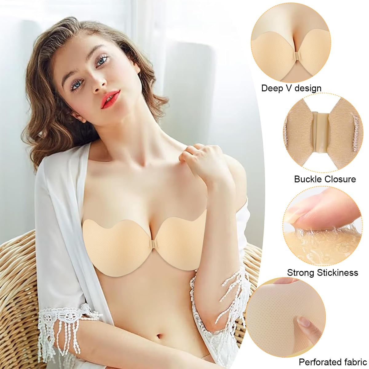 MAYCREATE Silicone Stick On Bra for Backless Dresses with Quick Hook | Apricot Push Up