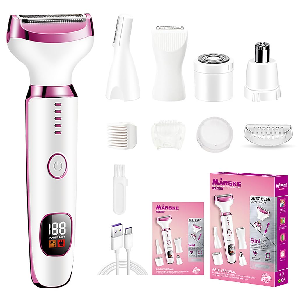 MAYCREATE Electric Razor Shavers for Women with 5 Attachments and LCD Display | Rechargeable Wet & Dry Trimmer for Face Body and Bikini