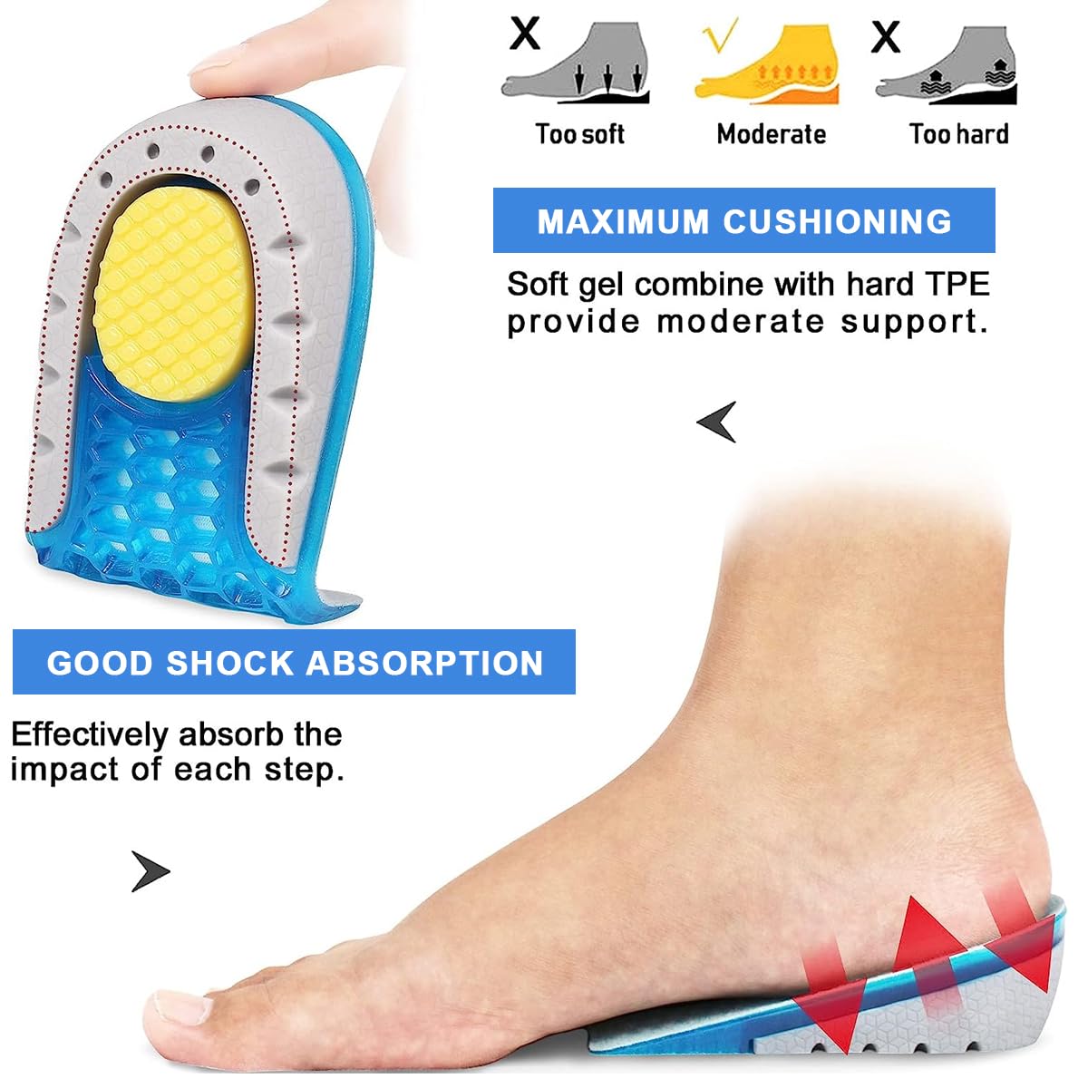 MAYCREATE Heel Lift Inserts Silicone Heel Cup Pads, Heel Cushions with Massaging Gel Cushion Insert for Heel Ankle Pain Heel Spurs for Women&Men, 0.59Inch