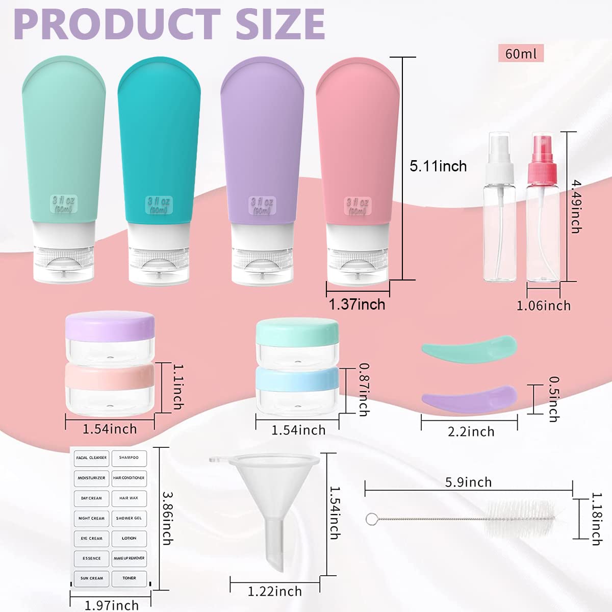 MAYCREATE 16pcs Travel Bottles for Toiletries Kit, 90ml Silicone Travel Toiletry Bottles(3-Layer Leakproof), 10g Cream Jars, Spray Bottle, Funnel, Clean Brush, Applicator, Labels & Storage Bag Set
