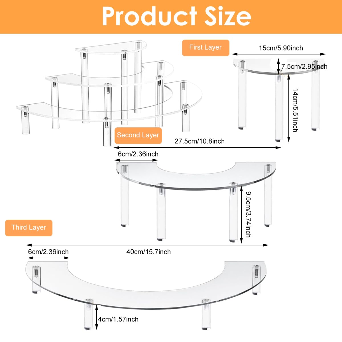 MAYCREATE Acrylic Display Stand for Collectible Figures featuring 3 Tier Semicircle Shelves | Clear Organizer for Desk and Makeup Storage