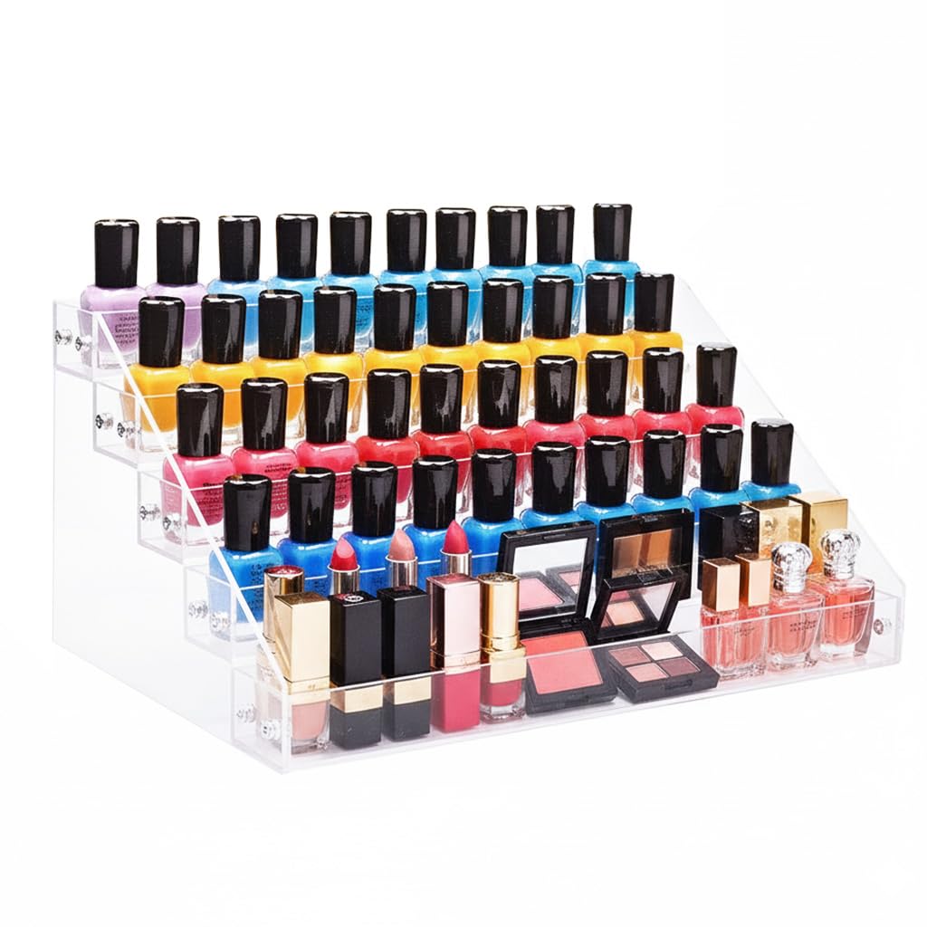 MAYCREATE® 5-Tier Nail Polish Organizer Box Lipstick Organiser Box Display Rack DIY Assembly Stepped Clear Acrylic Storage Beauty Cosmetic Organizer Shelf Holder for Makeup, Sunglasses - 12x11x8 Inch