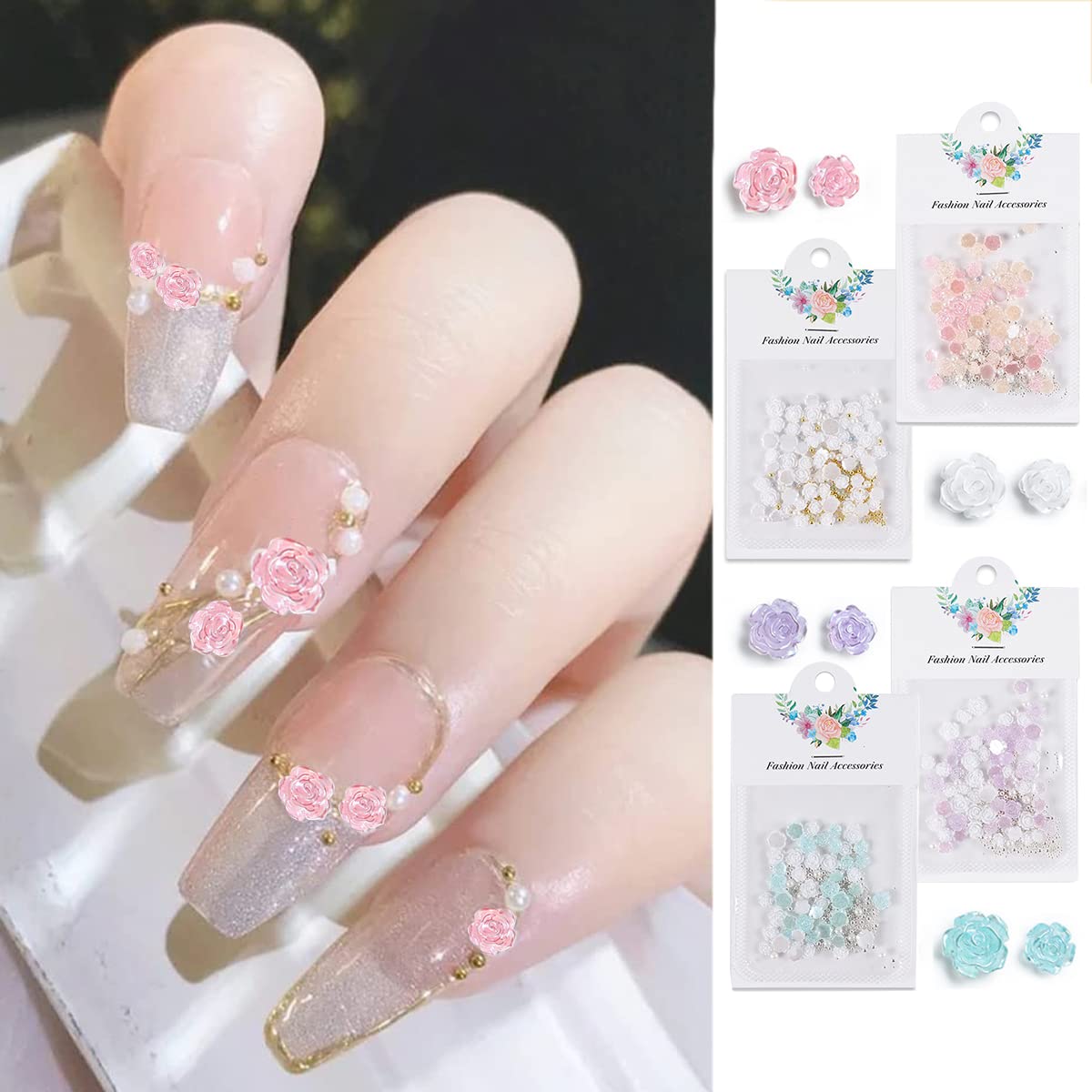 MAYCREATE 200pcs 3D Flower Nail Charms Flat Design, Acrylic Flower Decals for Nail Art, Mix Pearls Nail Art Accessories for DIY Manicure, Set of 4