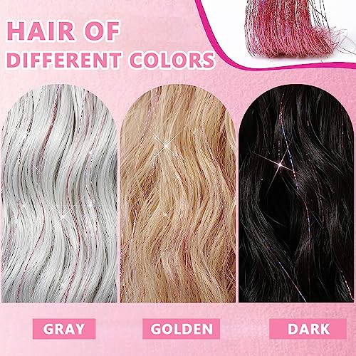 MAYCREATE® 18PCS Hair Tinsel Clip-in Glitter Extensions for Women 20.5in Pink Shiny Strands Heat Resistant Fairy Sparkle Accessories Girls Kids Festival Cosplay Party Gift