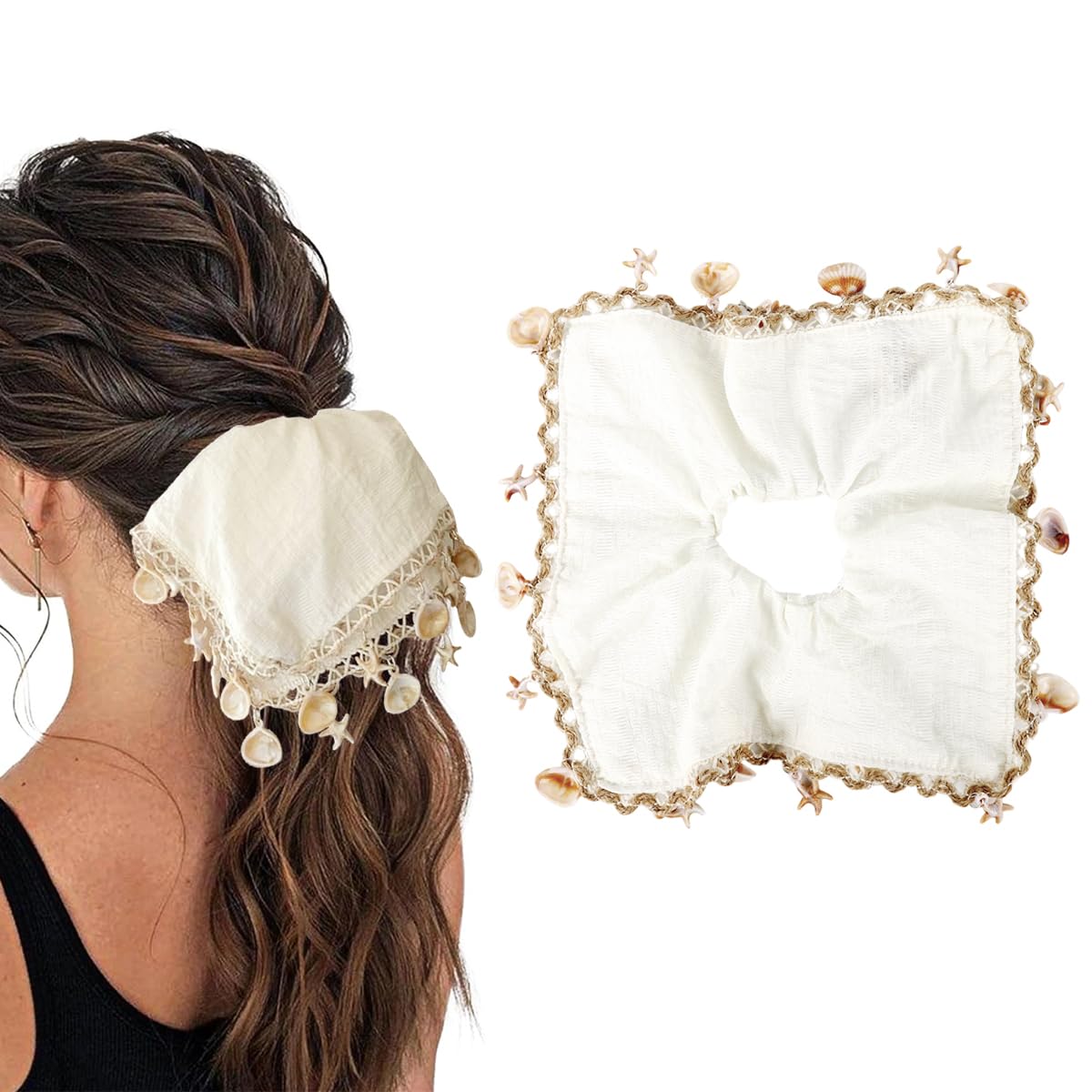 MAYCREATE® Hair Ties for Women ABS Shell Starfish Fringe Headscarf Lace Trim Soft Crease Square Scrunchies Boho Summer Beach Rubber Band for Hair
