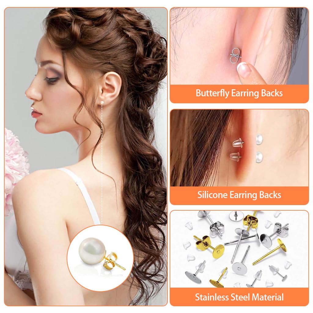 MAYCREATE 2000 Pieces Earring Jewellery Making Kit 2 Color Earring Back Stopper And Stud Earrings Post Kit with 3 Sizes Stainless Steel Silicone Earring Backs with Storage Box