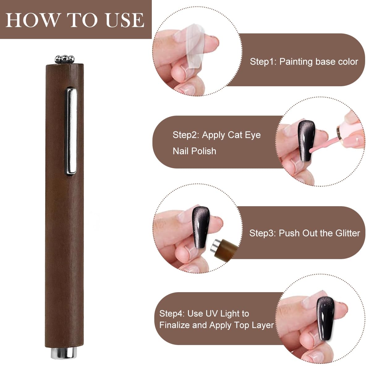 MAYCREATE Magnetic Nail Polish Pen for Cat Eye Gel featuring Dual-End 3-in-1 Magnet | Ergonomic Wooden Handle